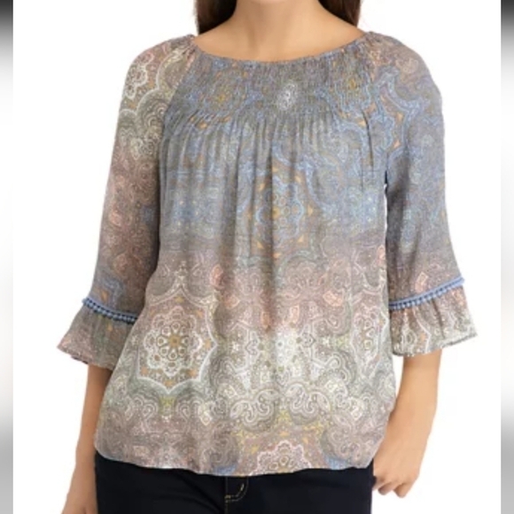 New Directions Scoop Neck 3/4 Sleeve Paisley & Floral Print Top - Picture 1 of 6